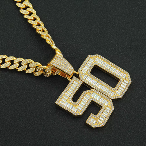 Hip Hop 15MM Gold Miami Prong Full <b>Iced</b> Out Rhinestones Cuban <b>Chain</b> and 50 Number Pendant - Product Image 3
