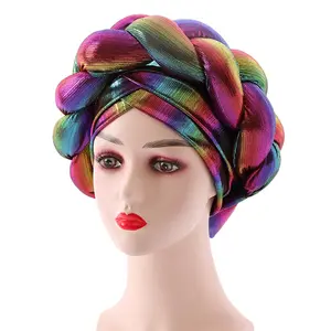 Mũ Đen Gele Headtie Châu Phi Aso Ebi Gele Với Hạt Châu Phi Turban Headband Người Phụ Nữ Head Bọc Đã Được Thực Hiện Tự Động Gele
