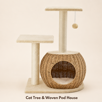 Arbre à chat de luxe classique et moderne, écologique, durable, en rotin, bois et sisal, 2 niveaux, avec griffoir et condo en carton