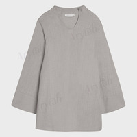 Nouvel ensemble coordonné musulman chic en lin gris clair, tunique à col en V et manches larges, jupe longue fluide, tenue de détente islamique modeste