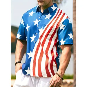 Bendera Amerika Allover pria pola Chic lengan pendek kemeja kerah Hari Kemerdekaan cetak mode kasual jalan kaus pria Atasan