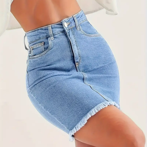 <span class=keywords><strong>Jupe</strong></span> en <span class=keywords><strong>jean</strong></span> taille haute coupe droite pour femme, en coton lavé respirant, longueur genou, style sexy, avec pompons, pour l'été - Product Image 3