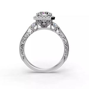 Bague de fiançailles en or 14 carats avec diamant de laboratoire taille radiant, détails en filigrane complexe et pierres latérales, bijou élégant avec halo - Product Image 4