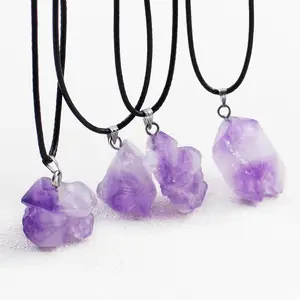 Yicai Minimalistische Stijl Wax Koord Paars Kristal Steen Chakra Helende Ketting Sieraden Onregelmatige Natuurlijke Amethist Hanger