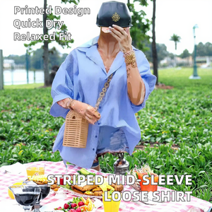 Nueva Camisa de Poliéster 100% Transpirable con Rayas, Espalda Ahuecada, Abertura Lateral, Cordones Ajustables, Manga Media, Holgada, Estilo Preppy, Sin Tejido - Product Image 2