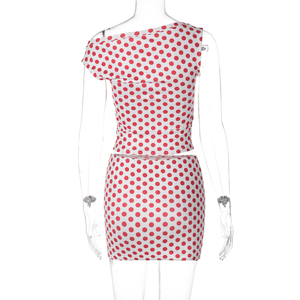 Viviblook Z331ST06 Summer New Women Casual Suit Polka Dot Printed Asymmetrical Collar Vest Top Bodycon Mini Skirt Two Piece <b>Set</b> - Product Image 3