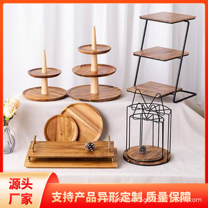 Ensemble de plateaux en bois d'acacia, support à gâteau rond en bois massif, plateau à dessert, décorations de table pour fête d'anniversaire, couleur rétro, usage domestique - Product Image 4