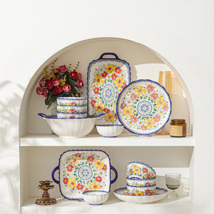 Bohemian Plates and Bowls <b>Set</b> Household Wholesale Ceramic Dishes Nordic Style Flowers <b>Dinnerware</b> <b>Sets</b> for Hotel Party - Product Image 2