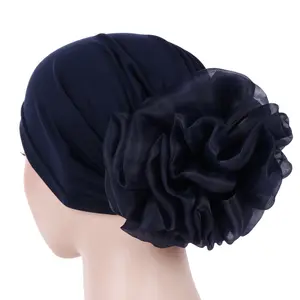 요모 2024 뉴 이슬람 단색 큰 꽃 머리 스카프 모자 유럽과 미국 우유 실크 모자 팬 꽃 모자