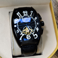 Montre mécanique automatique multifonctionnelle pour homme, style affaires simple et tendance, avec cadran ajouré, type barillet, bracelet en cuir, en alliage, vente en gros