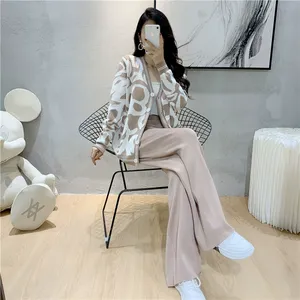 B579 Damen 2-teilige Trainings anzüge Langarm-Strick pullover mit weitem Bein Outfits Loungewear-Sets - Product Image 4