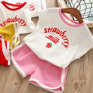 Dropshipping高品质夏季女童服装套装草莓印花儿童套装两件套韩版儿童套装