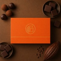 Boîte cadeau chocolat orange avec couvercle rigide, base en carton, logo en feuille d'or, emballage personnalisé pour truffes, pralines et bonbons