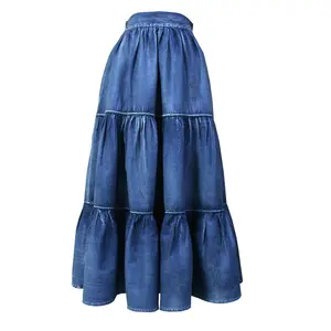 2022 Spring new stitching denim ruffles long skirt retro stitching bundling folded umbrella women denim skirt