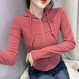 春季新款长袖连帽抽绳拼布拉链开衫短款女式上衣T恤 - Product Image 6