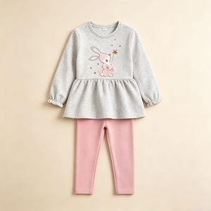 Grazioso Set Top con Peplum e Leggings con Ricamo 3D a Coniglietto, Outfit Casual con Maniche Lunghe e Volant per Bambine - Product Image 3
