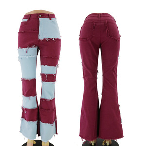 Jean évasé <span class=keywords><strong>taille</strong></span> haute patchwork, coupe boyfriend, pour <span class=keywords><strong>femme</strong></span>, en denim, sexy, color block marron, style streetwear - Product Image 3