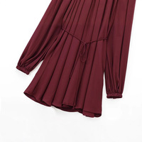 Robe Courte Victorienne à Col Montant et Volants pour Femme, Taille Naturelle Froncée avec Nœud, Manches Longues, Style Bohème, Élégante pour le Bureau, Rouge Bordeaux Fluide en Popeline
