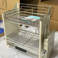 Cesto Elevatório para Cozinha em Armário, Suporte para Louças Retrátil, Cesto de Armazenamento em Aço Inoxidável de 2 Níveis