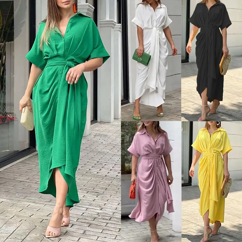 Sommer elegante Damen A-Line Revers Kleid Knopf Spitze drapiert lange Ärmel Sundress solide Muster Abdeckung atmungsaktiv einfach gefärbt