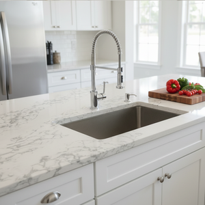 Losa de Cuarzo con Aspecto de Mármol Calacatta Blanco con Delicadas Vetas Grises, Personalizada al por Mayor, para Encimeras de Cocina y Tocadores de Baño - Product Image 5