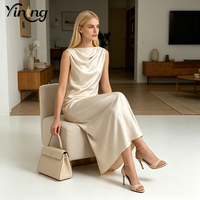 Robe longue drapée sans manches en satin champagne pour femme, robe de soirée/bal, service OEM ODM, faible MOQ, personnalisation, usine de vêtements avec 19 ans d'expérience