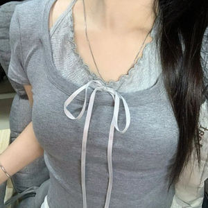 Top deportivo de dos piezas con lazo para mujer con cintura irregular Nueva Camiseta de manga corta de longitud corta para el verano Diseño de especias dulces picantes - Product Image 2