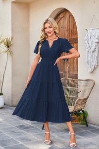 Vestido Largo de Verano para Mujer, Cuello en V, Plisado, Manga Corta, Color Sólido, Casual, para Playa y Vacaciones, de Alta Calidad - Product Image 4