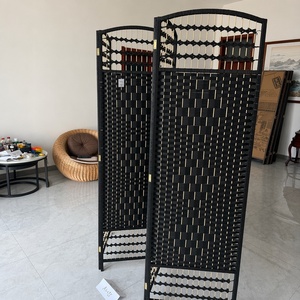 Black Modern Paper Rope Rattan Natural Fiber Translucent Room Divider Handwoven 4 Folding Screen Arched Top Decorative - Product Image 4