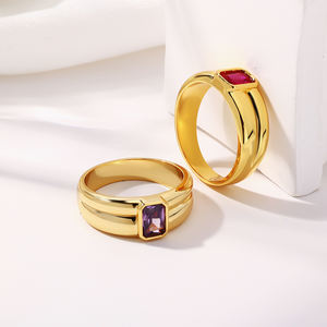 Anneaux fins tendance pour femmes, plaqués or, argent sterling S925, texture bombée, zircone cubique rouge violet, anneau serti de pierres brillantes - Product Image 4