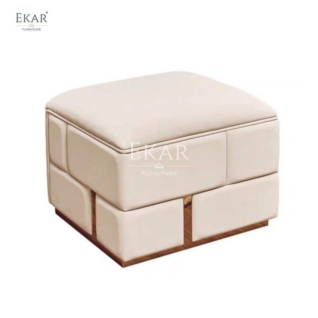 Modern Square Leather Stool with Metal Legs for Bedroom or Vanity