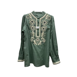 Chemisier pour femme, style vintage français, uni, tissé, brodé, à col montant, manches longues, coupe classique, respirant, ODM - Product Image 1
