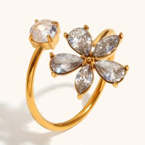 Dingran gioielli gioielli gioielli gioielli in acciaio inox placcato oro fiori zircone anelli aperti per le donne - Product Image 1