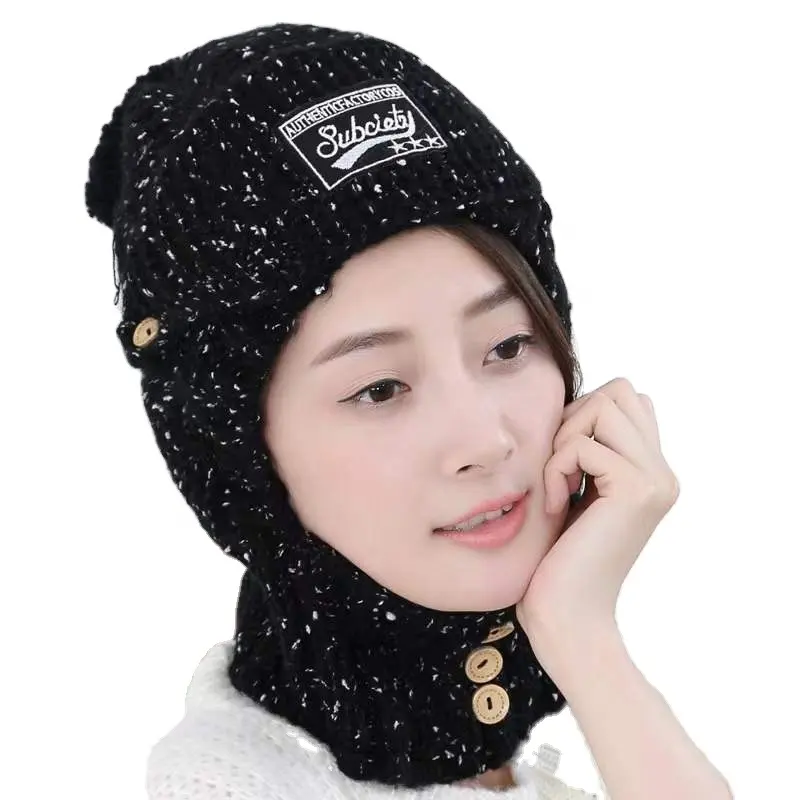 Winter Pom Beanie Hat with Button Detachable Face Cover Thick Cable Knitted Ski Skull Cap Women Warm Knit Beanies Hats