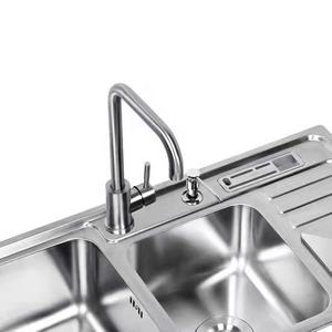 Évier de cuisine moderne en acier inoxydable argenté carré à deux trous avec égouttoir, double bac brossé de 0,8 mm avec poubelle et porte-couteaux - Product Image 6