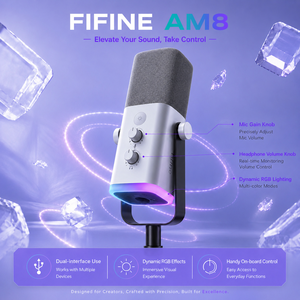 ไมโครโฟน <span class=keywords><strong>FIFINE</strong></span> AM8W ไดนามิก สำหรับพอดแคสต์ บันทึกเสียง เล่นเกมส์ สตรีมมิ่ง แบบ <span class=keywords><strong>USB</strong></span>/XLR พร้อมไฟ RGB ควบคุมได้หลากหลายฟังก์ชั่น - Product Image 1
