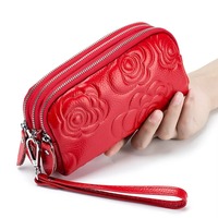 Portefeuille-bracelet en cuir véritable gaufré pour femme, pochette zippée, porte-monnaie, porte-cartes multiples