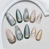 Faux ongles à presser tendance et élégants, forme amande 3D, effet œil-de-chat, dégradé doré, pré-conçus