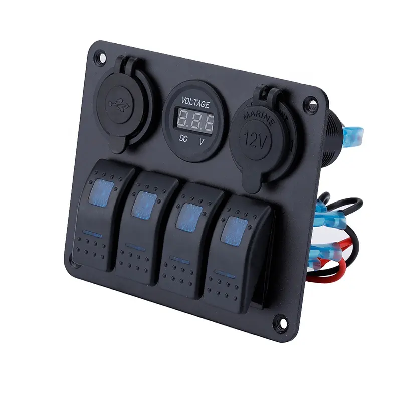 5 Gang Blue Led Waterproof Dc 12V 24V Breaker 5Pin Rocker Switch Boat Voltmeter Socket Rocker Switch Panel