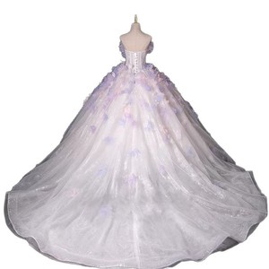 Pink Strapless Ball Gown Wedding Dress Empire Waist Floral Print Long Train Princess Style - Product Image 5