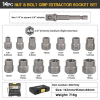 Extracteur de vis et écrous antivol BBA, 14 pièces, métrique/imperial, gris, en coffret