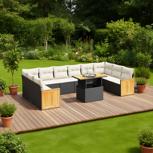 Ensemble de canapés de jardin noir et crème en rotin et teck, mobilier d'extérieur 6 places, résistant aux intempéries, design contemporain - Product Image 2