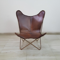 Moderner Butterfly-Stuhl aus Echtleder mit Metallbeinen, geteilte Rückenlehne, handgefertigter Freizeitstuhl für Wohnzimmermöbel