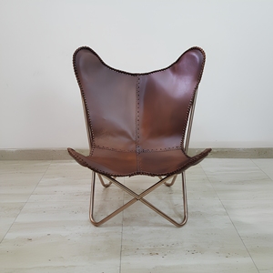 Fauteuil Papillon Moderne en Cuir Véritable avec Pieds en Métal, Dossier Fendu, Fait Main, Chaise de Loisirs pour Salon - Product Image 1