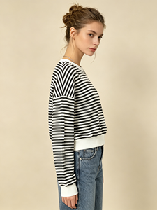 Haut rayé pour femmes, manches longues, col rond, patte de boutonnage, épaules tombantes, haut décontracté ample, à porter au quotidien - Product Image 2