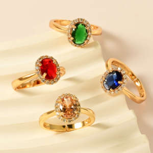 Thời Trang Đa Màu Sắc <span class=keywords><strong>Ruby</strong></span> Emerald Sapphire 18K Vàng Mạ Đồng Mở Vòng CZ Kim Cương Phụ Nữ Nhẫn Trang Sức Set Với Đá Quý - Product Image 1