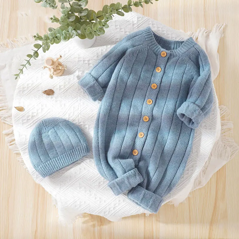 Infant Girl Boy Ribbed Knitted Sweater Jumpsuit Long Sleeve Clothes Knit Baby Romper Set with Hat
