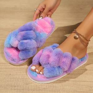 Nouvelles pantoufles en fourrure pelucheuse pour l'extérieur, antidérapantes, semelle intérieure solide, couleur unie, pantoufles en coton croisé pour femmes - Product Image 4