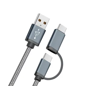 Yüksek kalite 2 in 1 hızlı şarj kablosu USB C naylon örgülü veri kablosu uygun usb c tipi kablo