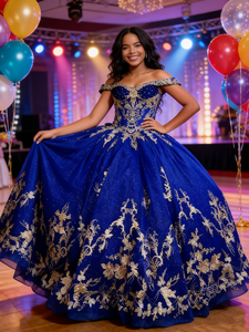 Vestido de Gala Azul Rey para Quinceañera, Elegante Vestido de Noche con Cola de Capilla para Cena de Graduación, con Bordado Dorado - Product Image 3